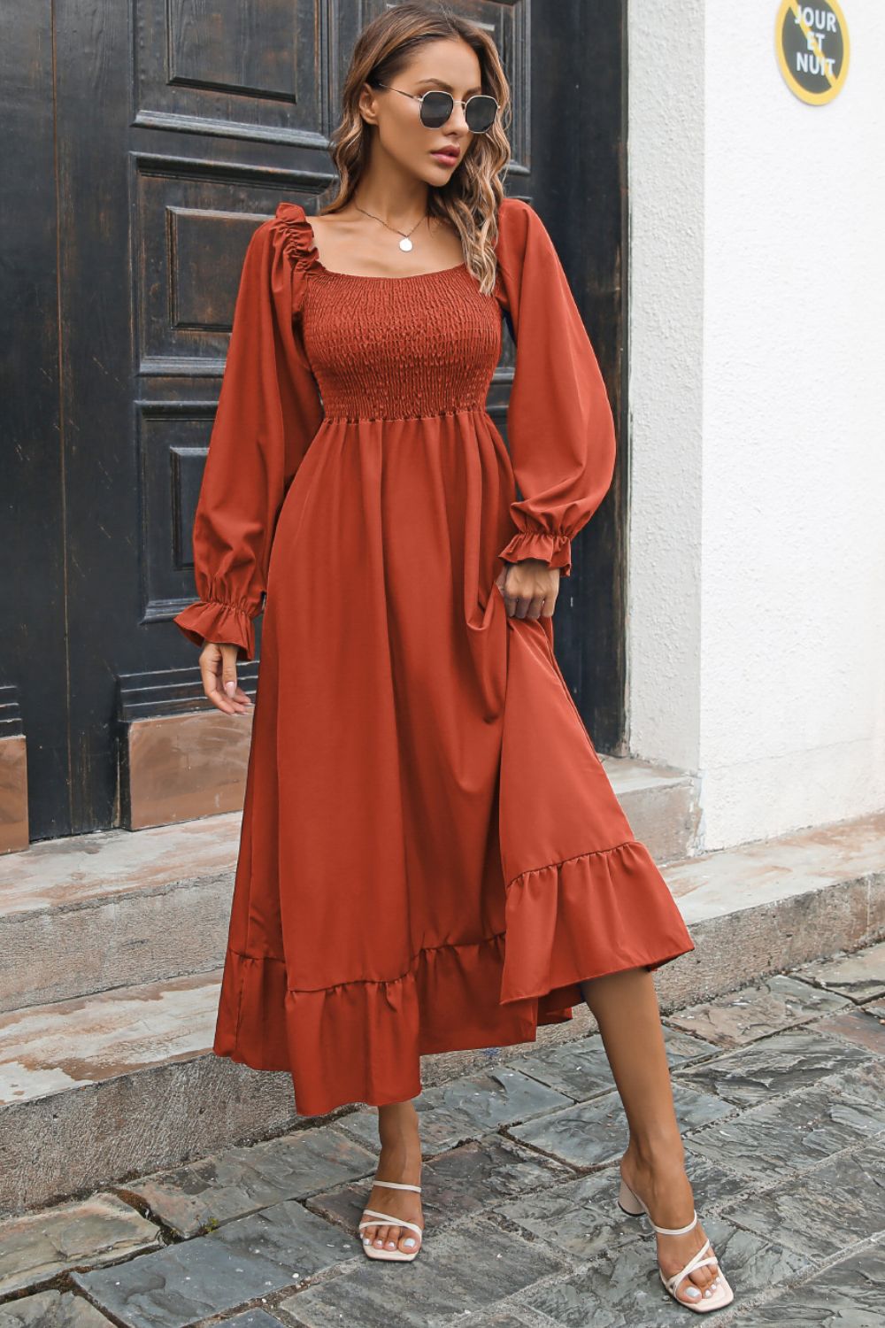 ruffle hem dress Wholesale MOQ6 Ruffled Hem Smocked Floral Short Sleeve Midi Dress