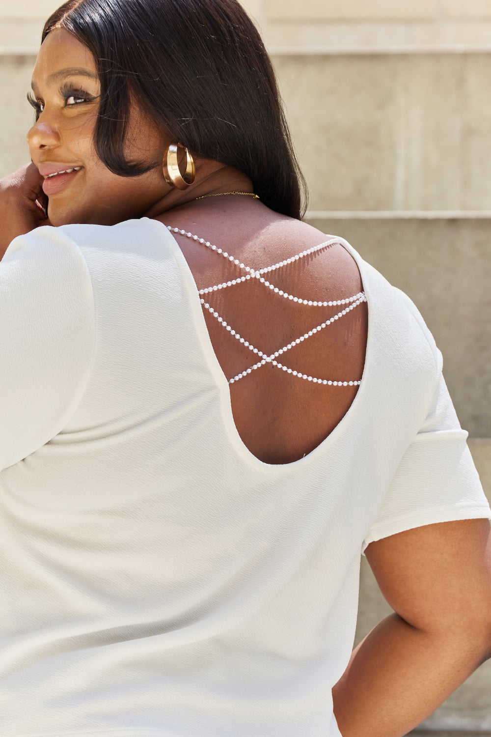 And The Why Pearly White Full Size Criss Cross Pearl Detail Open Back T-Shirt - The Downtown Dachshund