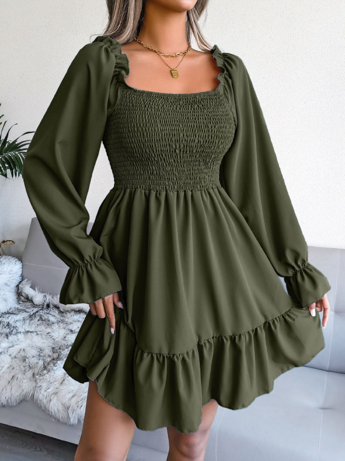 Smocked Flounce Sleeve Square Neck Dress The Downtown Dachshund Smocked Flounce Sleeve Square Neck Dress The Downtown Dachshund