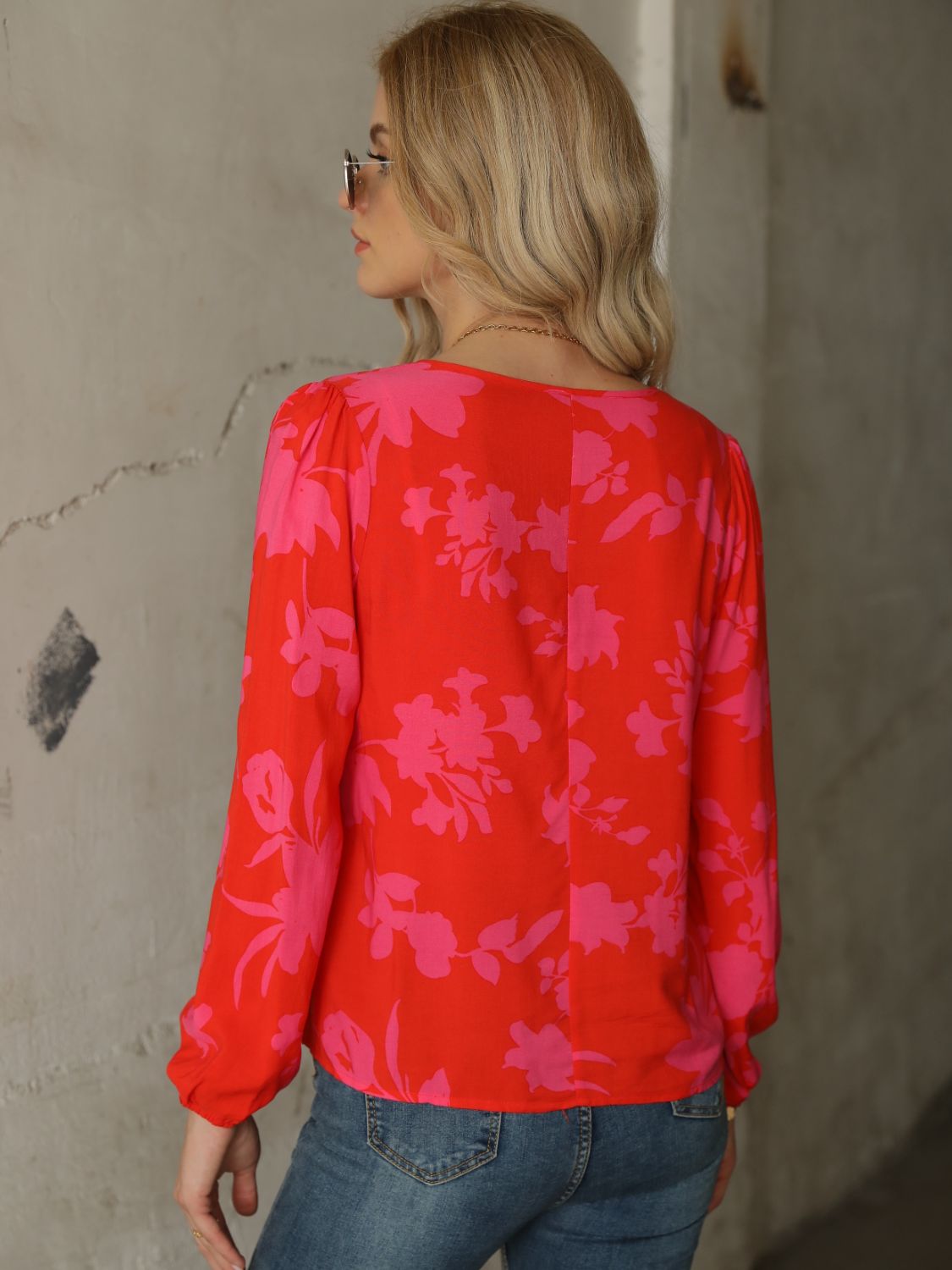Printed Tie Neck Long Sleeve Blouse - The Downtown Dachshund