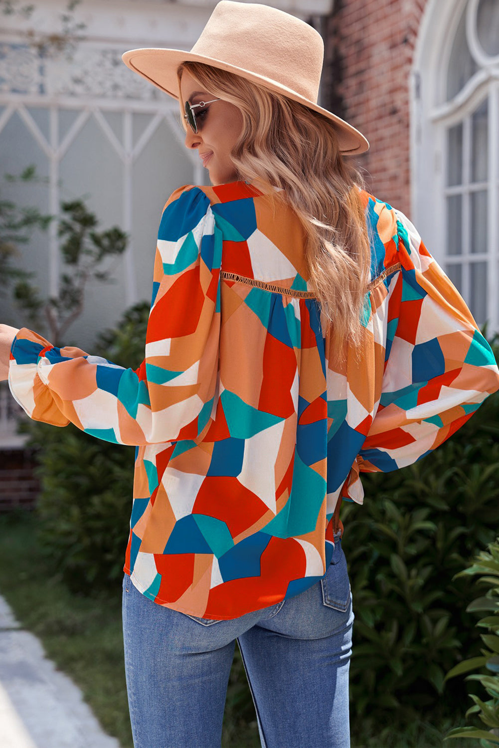Geometric Flounce Sleeve Blouse - The Downtown Dachshund