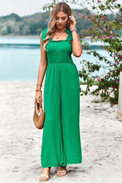 Frill Trim Tie Shoulder Wide Leg Jumpsuit with Pockets - The Downtown Dachshund