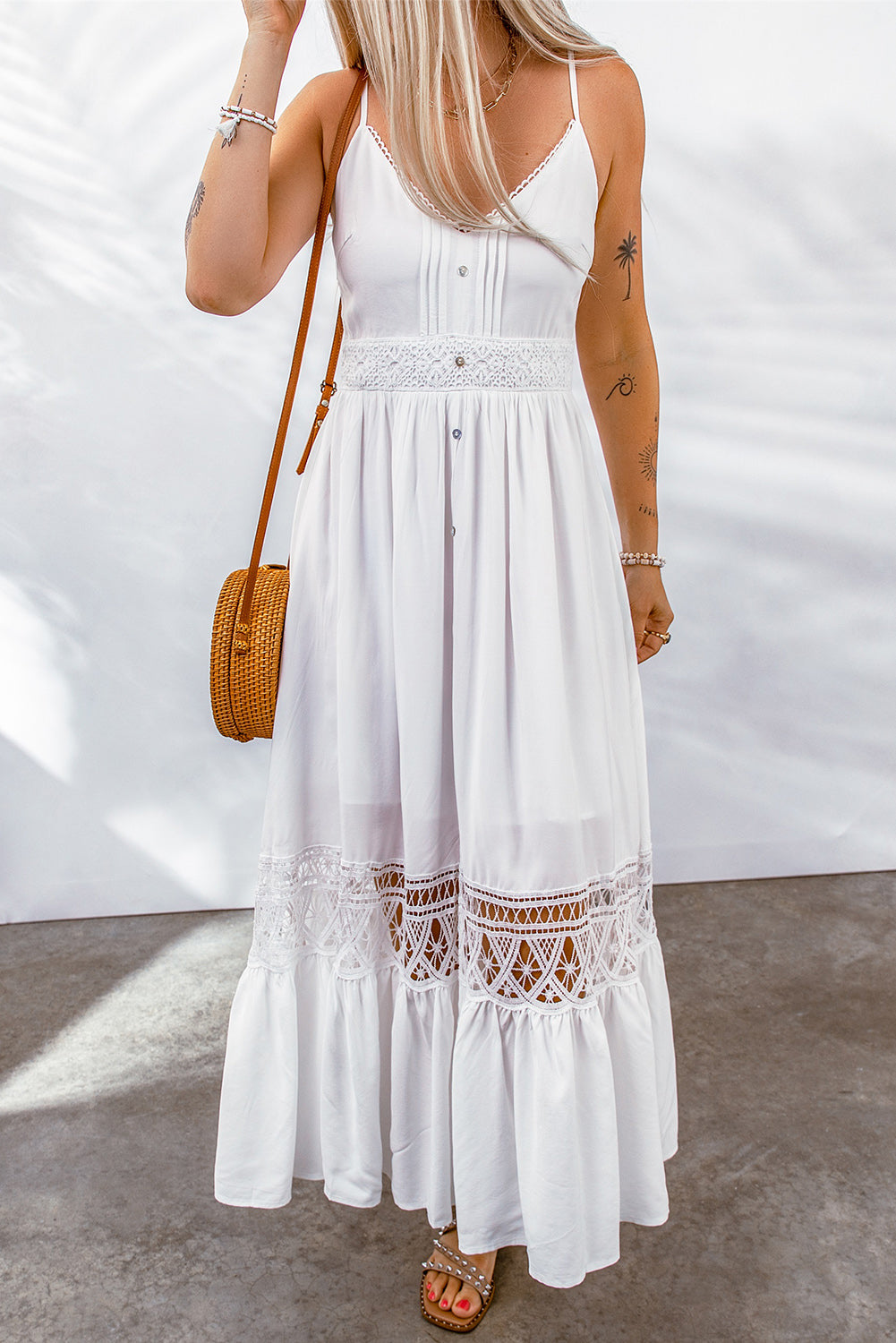 Buttoned Spliced Lace Spaghetti Strap Maxi Dress - The Downtown Dachshund