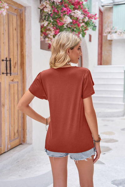 Contrast V-Neck Petal Sleeve Top - The Downtown Dachshund