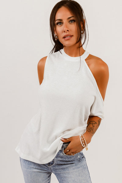 Ribbed Zip-Back Cold-Shoulder Top - The Downtown Dachshund
