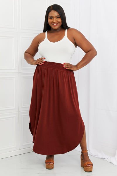 Zenana It's My Time Full Size Side Scoop Scrunch Skirt in Dark Rust - The Downtown Dachshund