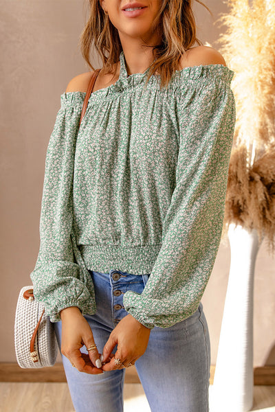 Ditsy Floral Halter Neck Frill Trim Blouse - The Downtown Dachshund