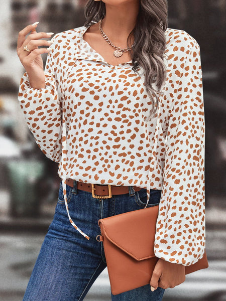 Printed Tie Neck Long Sleeve Blouse - The Downtown Dachshund