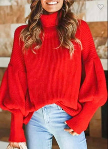 Puff Sleeve Sweater-Red - The Downtown Dachshund