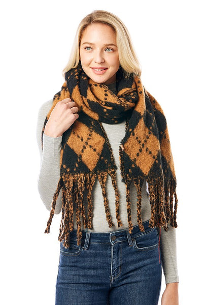 Women's Multi Colored Argyle Scarf With Fringe - The Downtown Dachshund