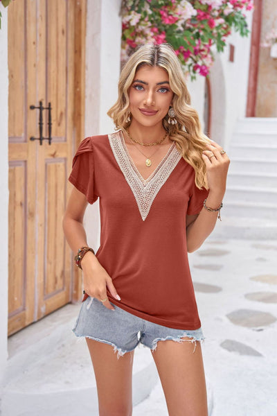 Contrast V-Neck Petal Sleeve Top - The Downtown Dachshund