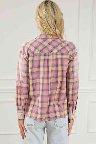 Plaid Button Up Collared Neck Long Sleeve Shirt