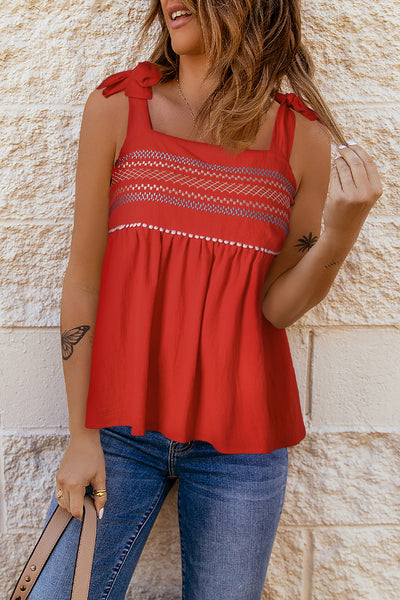 Embroidered Tie-Shoulder Babydoll Tank - The Downtown Dachshund