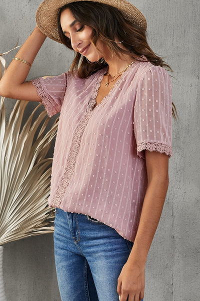 Swiss Dot Lace Trim Plunge Blouse - The Downtown Dachshund