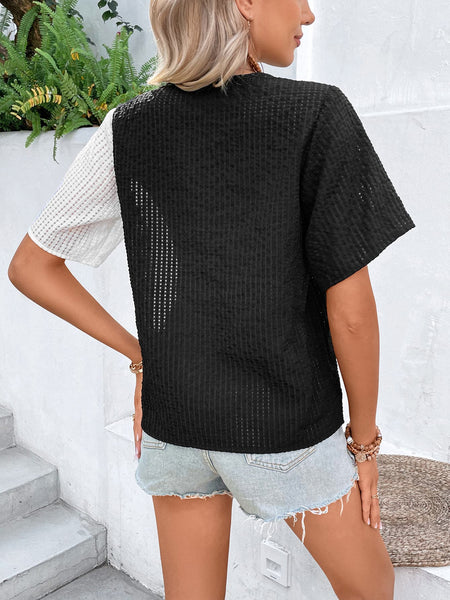 Two-Tone Buttoned Short Sleeve Top - The Downtown Dachshund