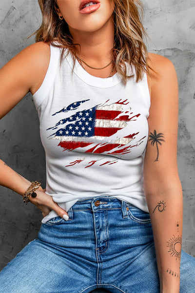 Full Size US Flag Graphic Round Neck Tank - The Downtown Dachshund