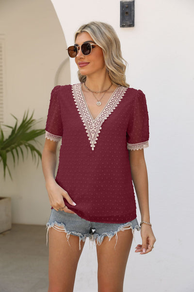 Contrast V-Neck Swiss Dot Top - The Downtown Dachshund