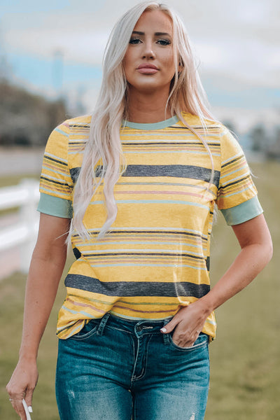Multicolored Striped Round Neck Tee Shirt - The Downtown Dachshund