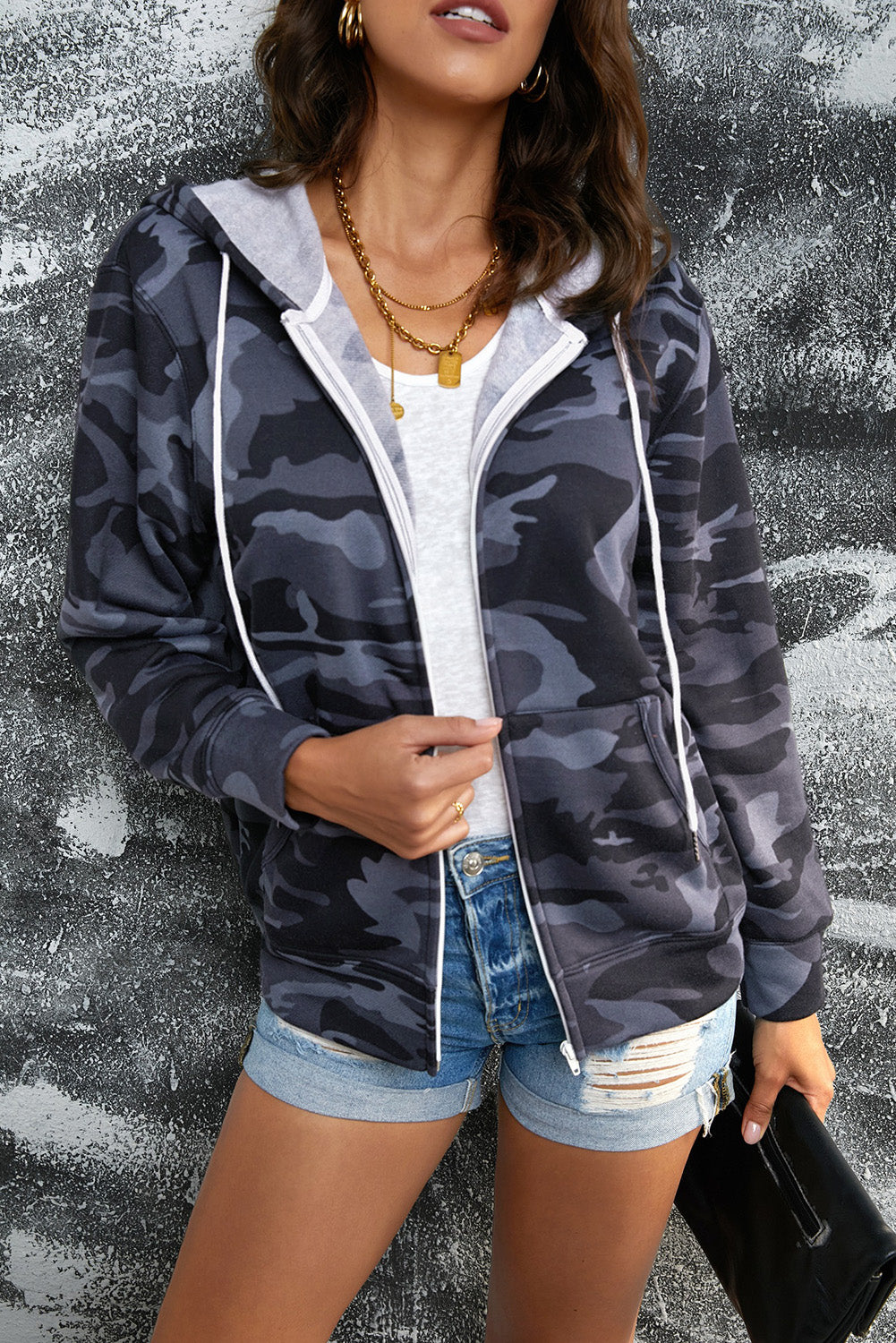 Camouflage Drawstring Detail Zip Up Hooded Jacket - The Downtown Dachshund