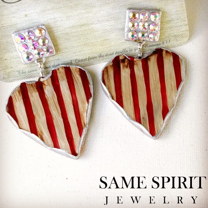 PATRIOTIC - POST BACK EARRINGS - TINY CRYSTAL STUDS WITH RED & WHITE STRIPED HEART - The Downtown Dachshund