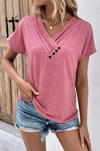 Decorative Button V-Neck Short Sleeve Tee - The Downtown Dachshund