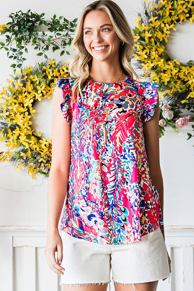 Abstract Print Ruffle Shoulder Top - The Downtown Dachshund