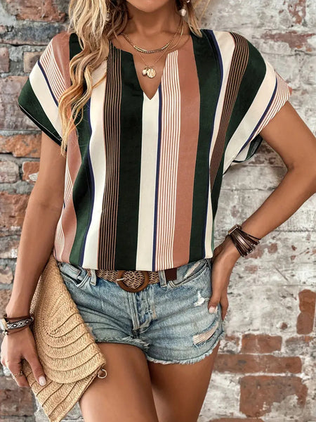 Striped Notched Neck Short Sleeve Blouse - The Downtown Dachshund