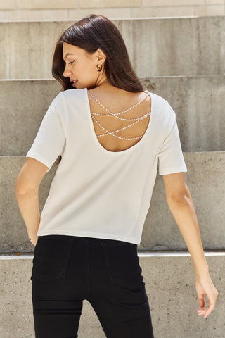 And The Why Pearly White Full Size Criss Cross Pearl Detail Open Back T-Shirt - The Downtown Dachshund