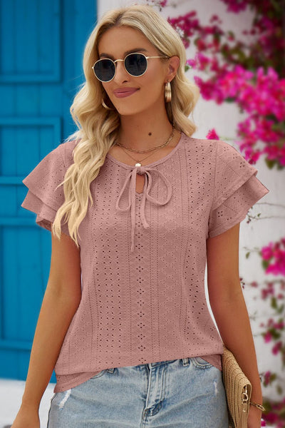 Eyelet Tie-Neck Flutter Sleeve Blouse - The Downtown Dachshund
