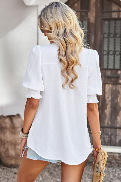 Textured Notched Neck Puff Sleeve Blouse - The Downtown Dachshund