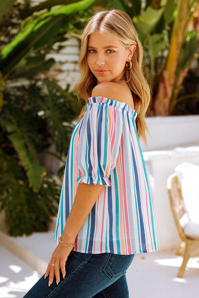 Rainbow Stripe Off-Shoulder Frilled Flounce Sleeve Blouse - The Downtown Dachshund