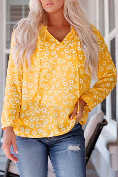 Printed Tie-Neck Long Sleeve Blouse - The Downtown Dachshund