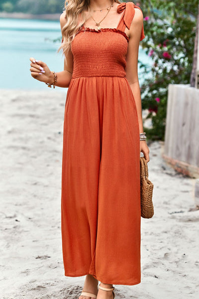 Frill Trim Tie Shoulder Wide Leg Jumpsuit with Pockets - The Downtown Dachshund