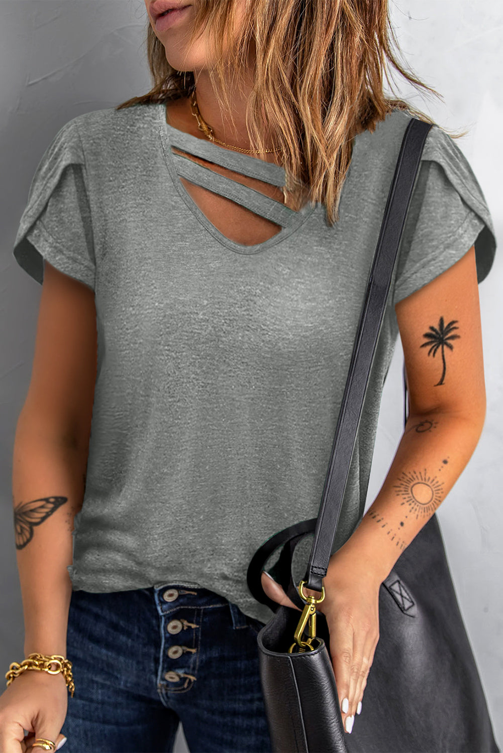 Strappy V-Neck Petal Sleeve Tee - The Downtown Dachshund