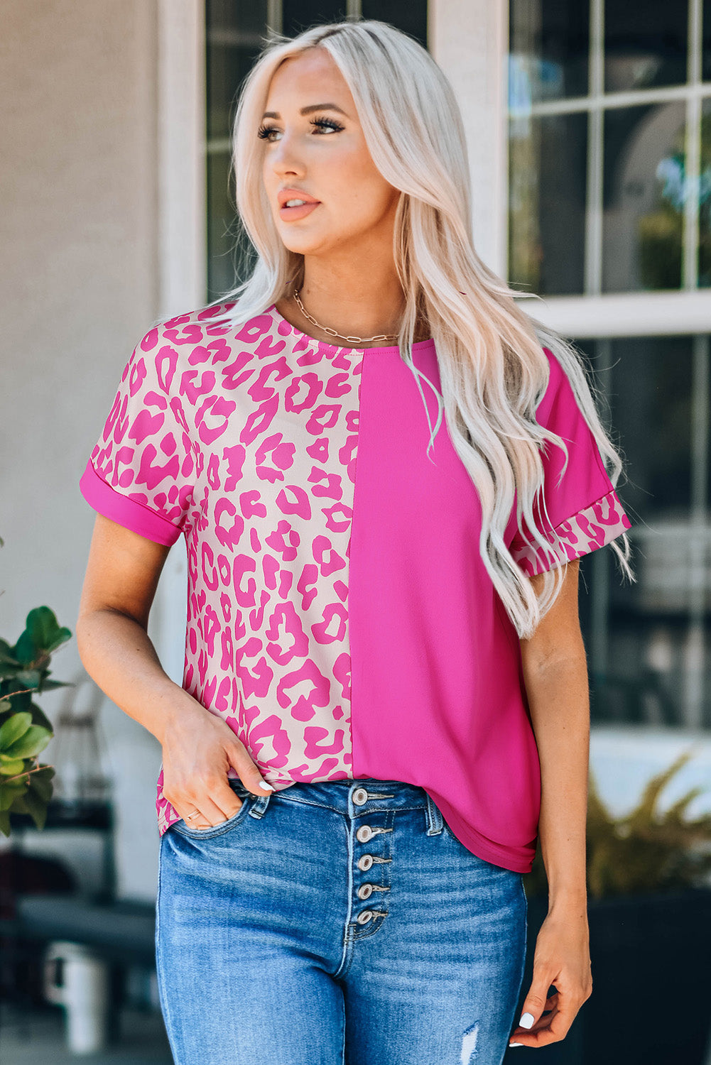 Leopard Two-Tone Round Neck Tee - The Downtown Dachshund