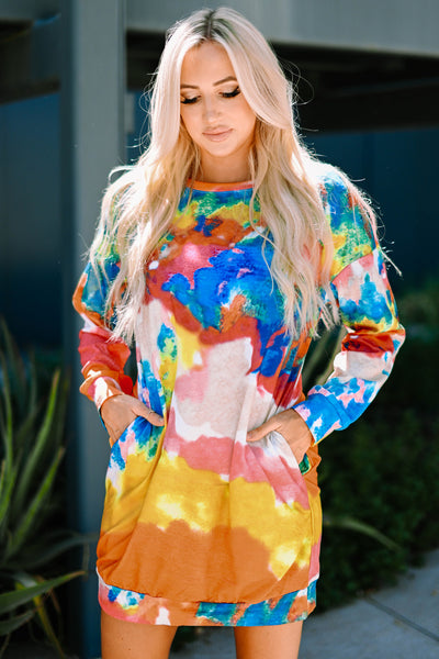 Multicolored Tie-Dye Long Sleeve Dress - The Downtown Dachshund