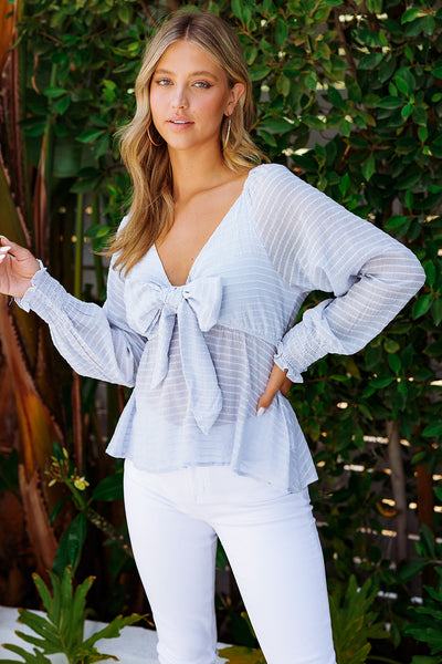 Striped Deep V Bow Detail Babydoll Top - The Downtown Dachshund