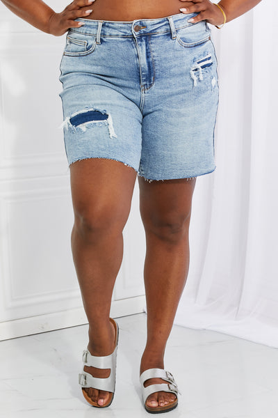 Judy Blue Hallie Mid-Length Denim Patch Shorts - The Downtown Dachshund