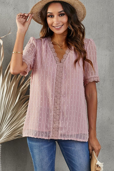 Swiss Dot Lace Trim Plunge Blouse - The Downtown Dachshund