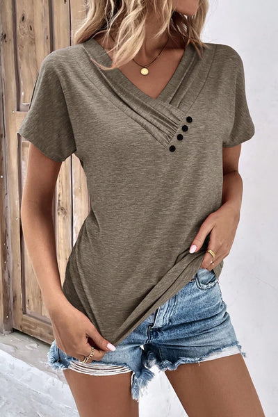 Decorative Button V-Neck Short Sleeve Tee - The Downtown Dachshund