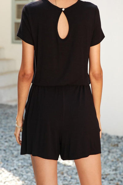 Drawstring Waist Short Sleeve Romper with Pockets - The Downtown Dachshund