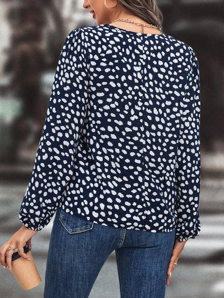 Printed Tie Neck Long Sleeve Blouse - The Downtown Dachshund