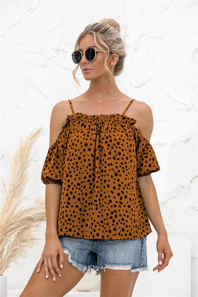 Printed Cold-Shoulder Frill Trim Blouse - The Downtown Dachshund