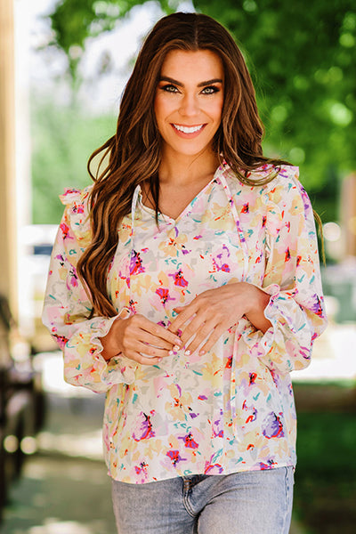Floral Ruffle Shoulder Tie Neck Top - The Downtown Dachshund