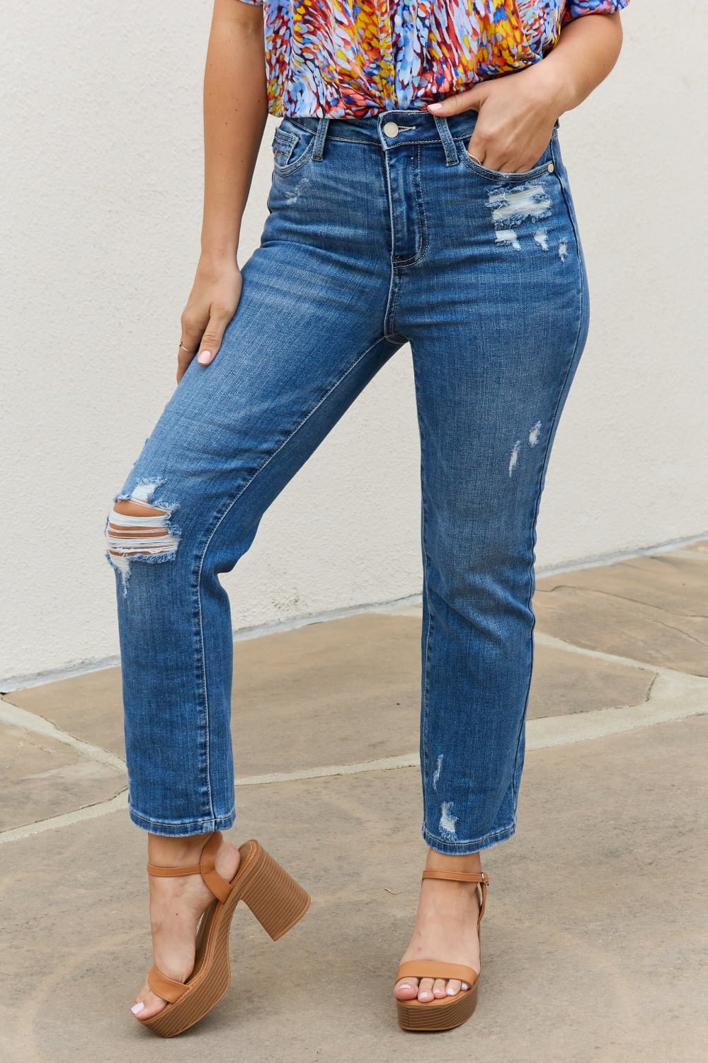 Judy Blue Theresa Full Size High Waisted Ankle Distressed Straight Jeans - The Downtown Dachshund