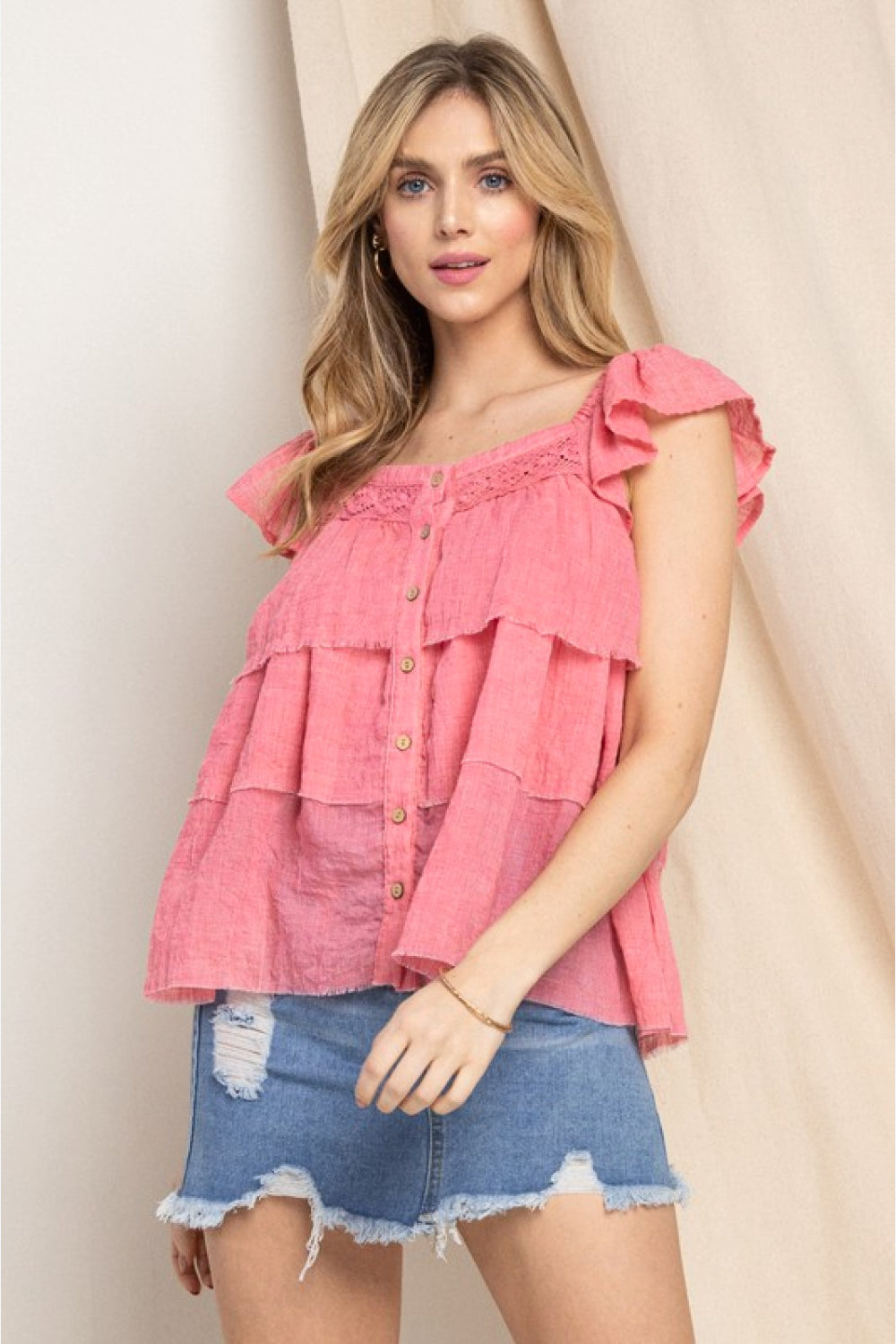 ODDI Full Size Buttoned Ruffled Top - The Downtown Dachshund