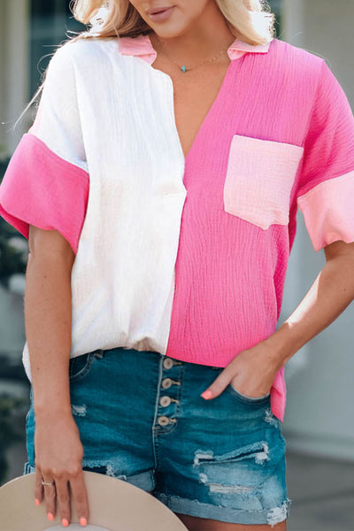 Color Block Textured Johnny Collar Blouse - The Downtown Dachshund
