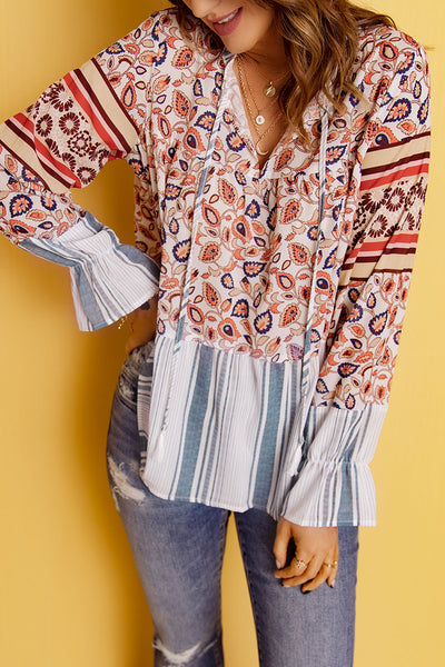 Floral Striped Flounce Sleeve Blouse - The Downtown Dachshund
