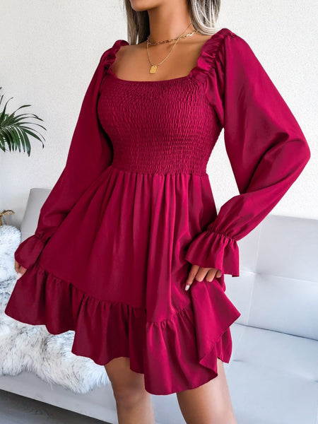 Smocked Flounce Sleeve Square Neck Dress - The Downtown Dachshund