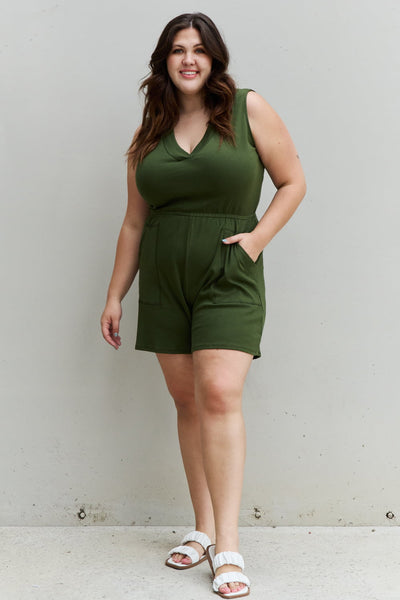 Zenana Forever Yours Full Size V-Neck Sleeveless Romper in Army Green - The Downtown Dachshund